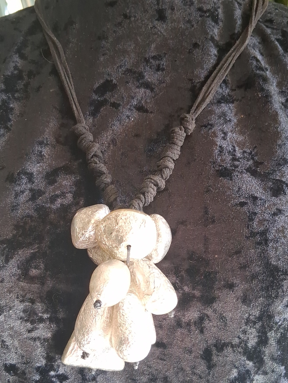 Chico's Silver Foil Beads Pendant Necklace on Knotted Black Leather 34 In.